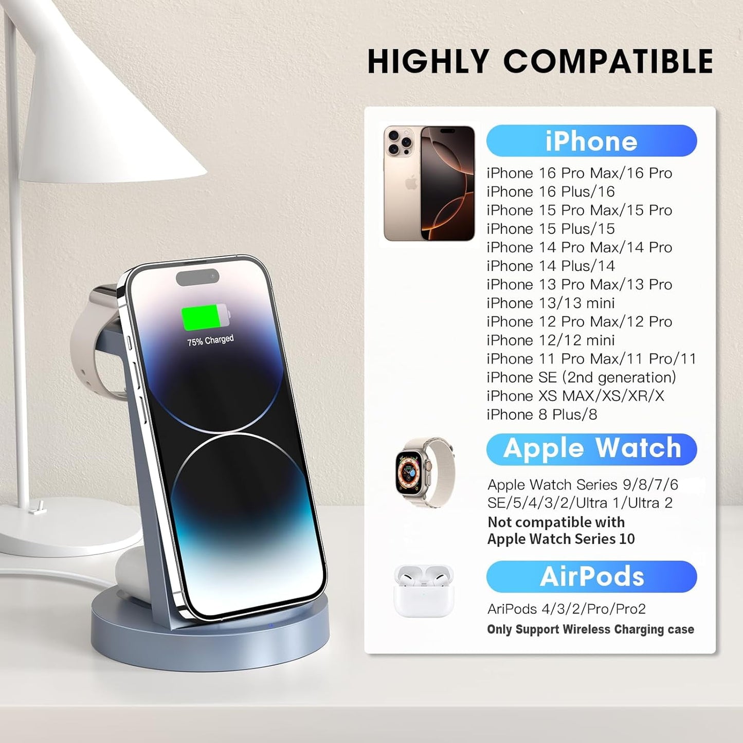 Effortless 3 in 1 Wireless Charging Station for iPhone, Apple Watch & AirPods - Fast & Convenient Charging Dock in Blue