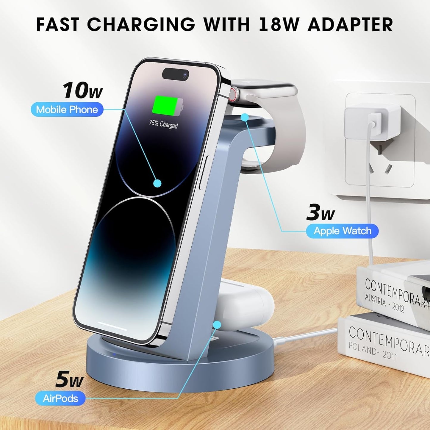 Effortless 3 in 1 Wireless Charging Station for iPhone, Apple Watch & AirPods - Fast & Convenient Charging Dock in Blue